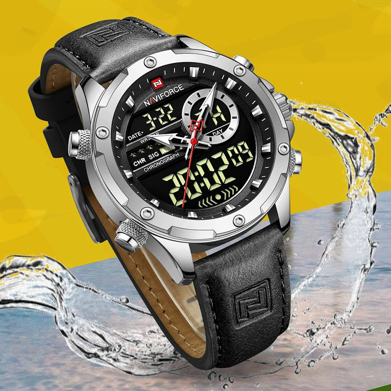 Montres NAVIFORCE pour hommes, style militaire sportif, en cuir véritable, étanches, avec cadran numérique, chronographe lumineux et créatif.