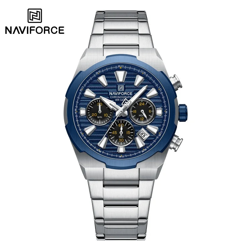 Montre-bracelet à quartz NAVIFORCE pour homme, multifonctionnelle, avec calendrier, chronomètre, lumineuse, étanche 30 ATM, bracelet en acier inoxydable