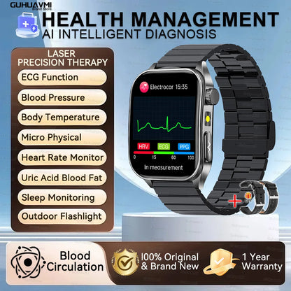 Montre Intelligente de Santé 2026 Thérapie Laser Réduction des Trois Hyper (Tension, Glycémie, Lipides) Oxygène Sanguin Pression Acide Urique ECG Montre Connectée pour Homme