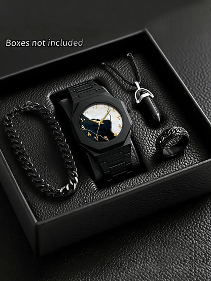 Ensemble Montre à Quartz Homme Bracelet Collier Bague, Bracelet en Plastique, Idéal pour le Quotidien et les Cadeaux de Fête, Boîte Non Incluse