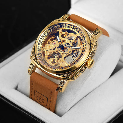 Forsining Royal Retro Skeleton Automatic Mechanical Watch for Men Leather Strap Business Casual Mens Watches Top Brand Gifts New