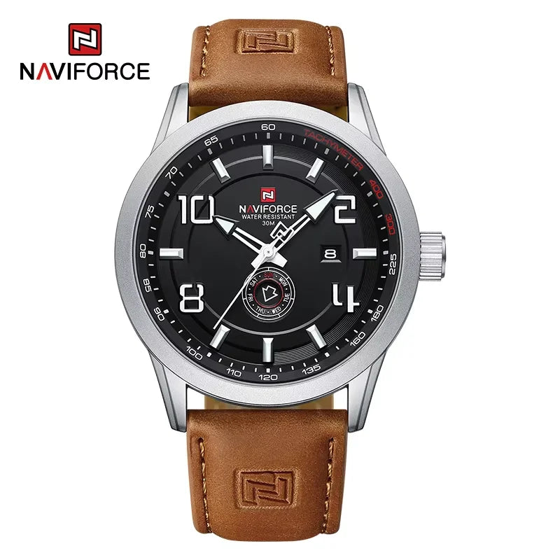 Montre-bracelet décontractée tendance NAVIFORCE pour homme, montre militaire de sport étanche avec bracelet en cuir, mouvement à quartz, calendrier
