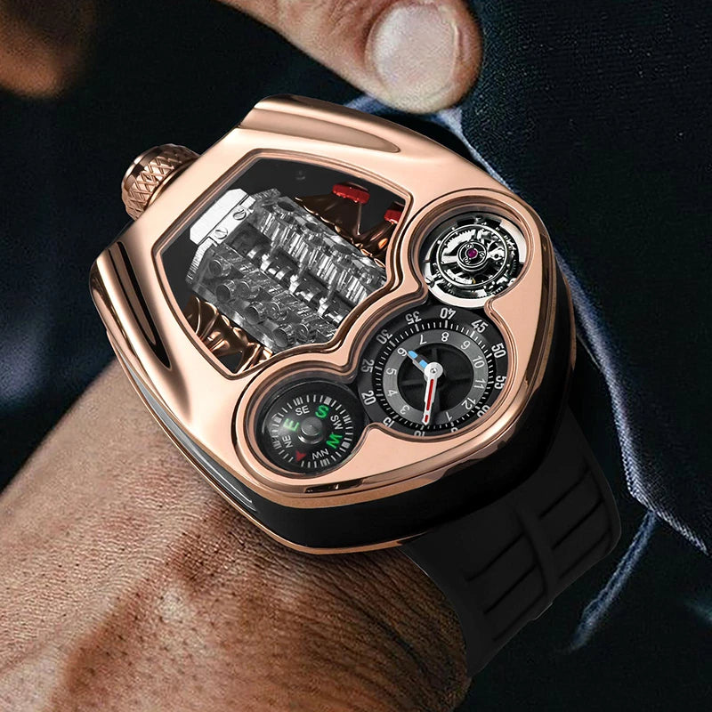 PINDU Engine Series Stainless Steel Compass Watch + Box
