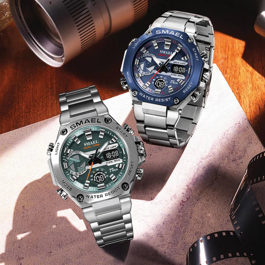 SMAEL Watch Men Top Brand Luxury Silver Stainless Steel Sport Male Clock Digital Analog Quartz Military Waterproof Wristwatches
