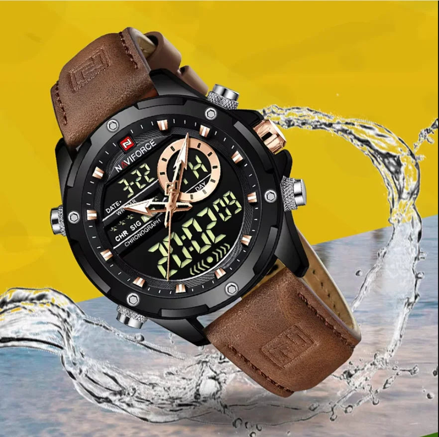 NAVIFORCE Nouvelles montres homme en cuir véritable, mouvement à quartz, chronographe, marque de luxe, lumineuses, analogiques, numériques, pour homme
