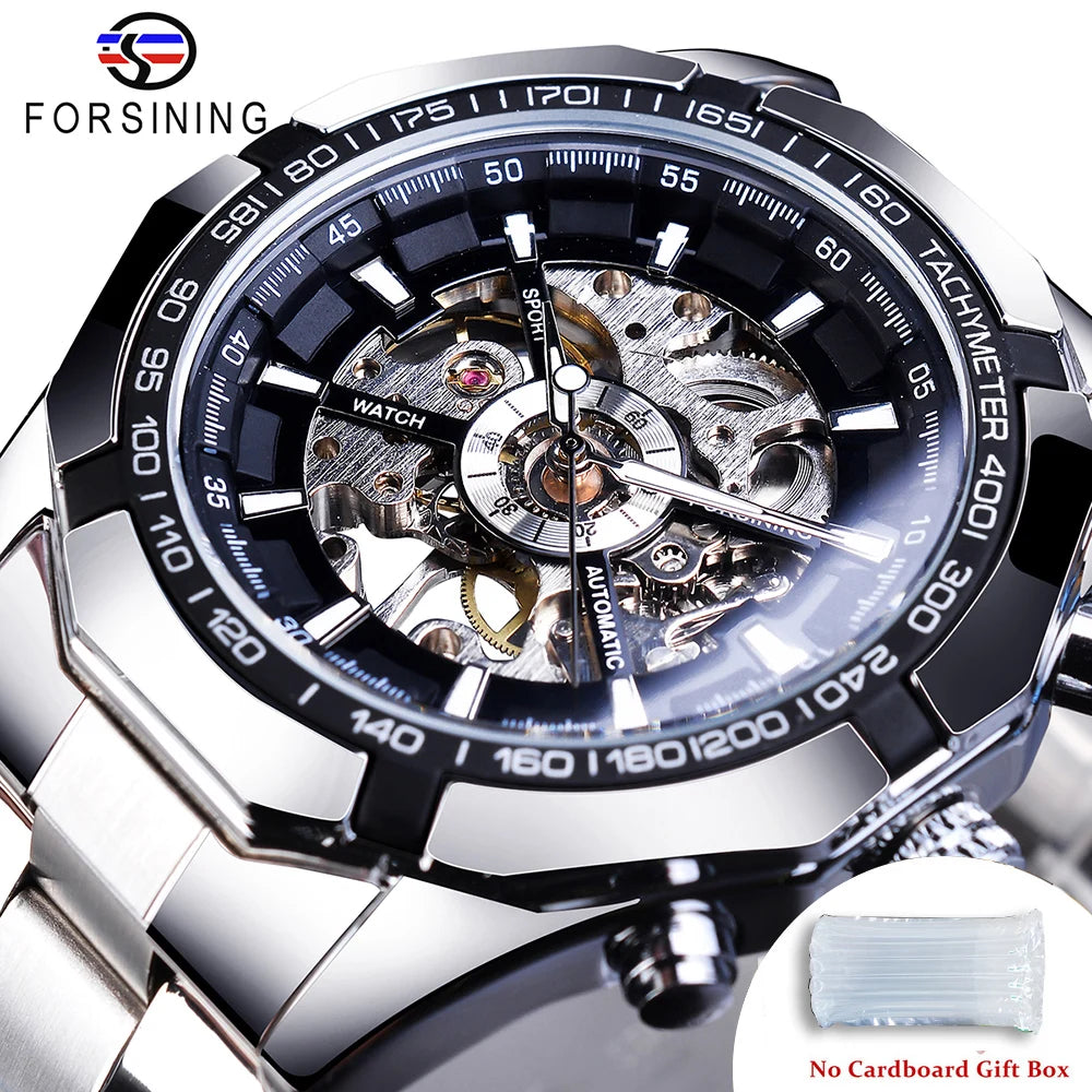 Forsining 2025 Montres Homme Squelette en Acier Inoxydable Étanche Marque de Luxe Transparente Mécanique Sport Montres-bracelets pour Hommes