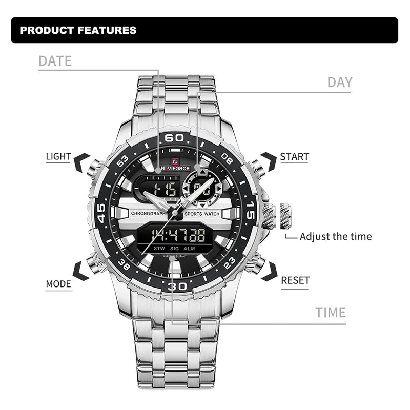 Montres Homme NAVIFORCE Original Tendance Marque LCD Affichage Analogique Numérique Quartz Homme Horloge 30m Étanche Lumineuse Montre-Bracelet Homme