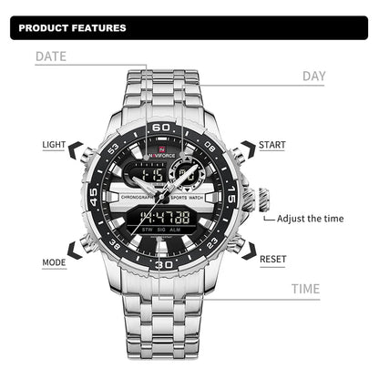 Montres Homme NAVIFORCE Original Tendance Marque LCD Affichage Analogique Numérique Quartz Homme Horloge 30m Étanche Lumineuse Montre-Bracelet Homme