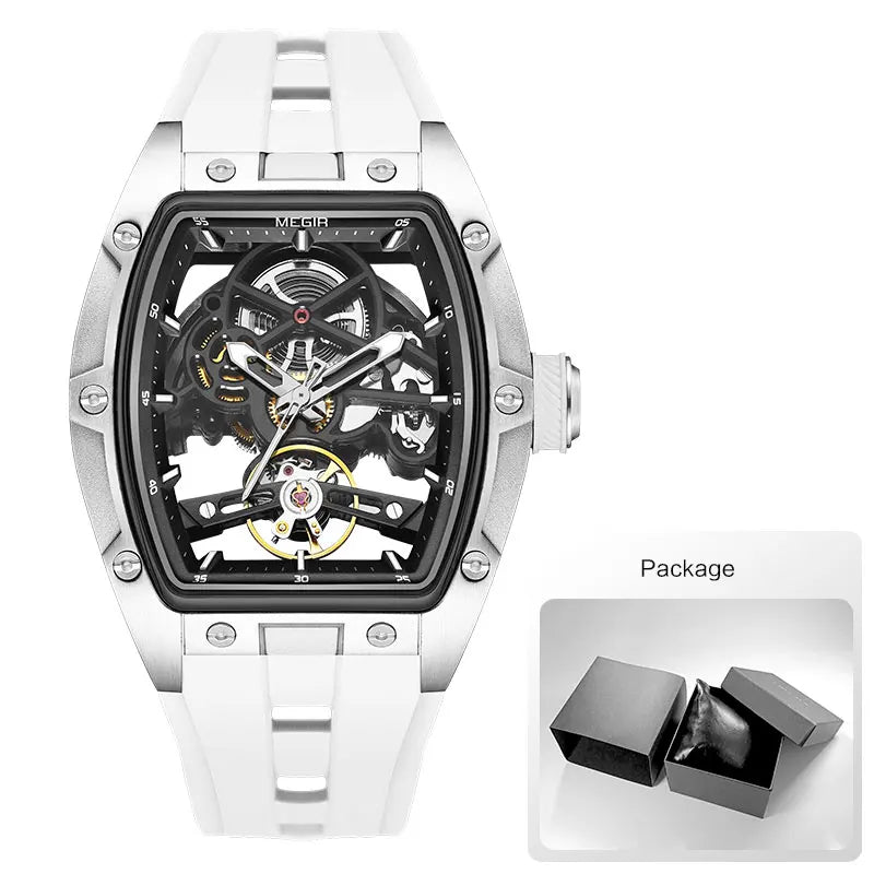 Montre-bracelet MEGIR pour hommes, mode, noire, étanche, mécanique automatique, avec aiguilles lumineuses, bracelet en silicone, cadran tonneau 2242