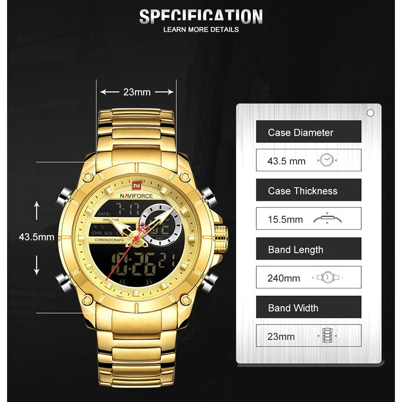 NAVIFORCE 9163 Montre-bracelet de sport de luxe originale pour hommes, mouvement à quartz, étanche en acier, double affichage, montres militaires Relogio Masculino