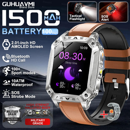 Montre Intelligente Militaire Homme 1500mAh Longue Autonomie Sport Extérieur Montre Connectée Homme Étanche 10ATM Fréquence Cardiaque Appel BT Grande Batterie