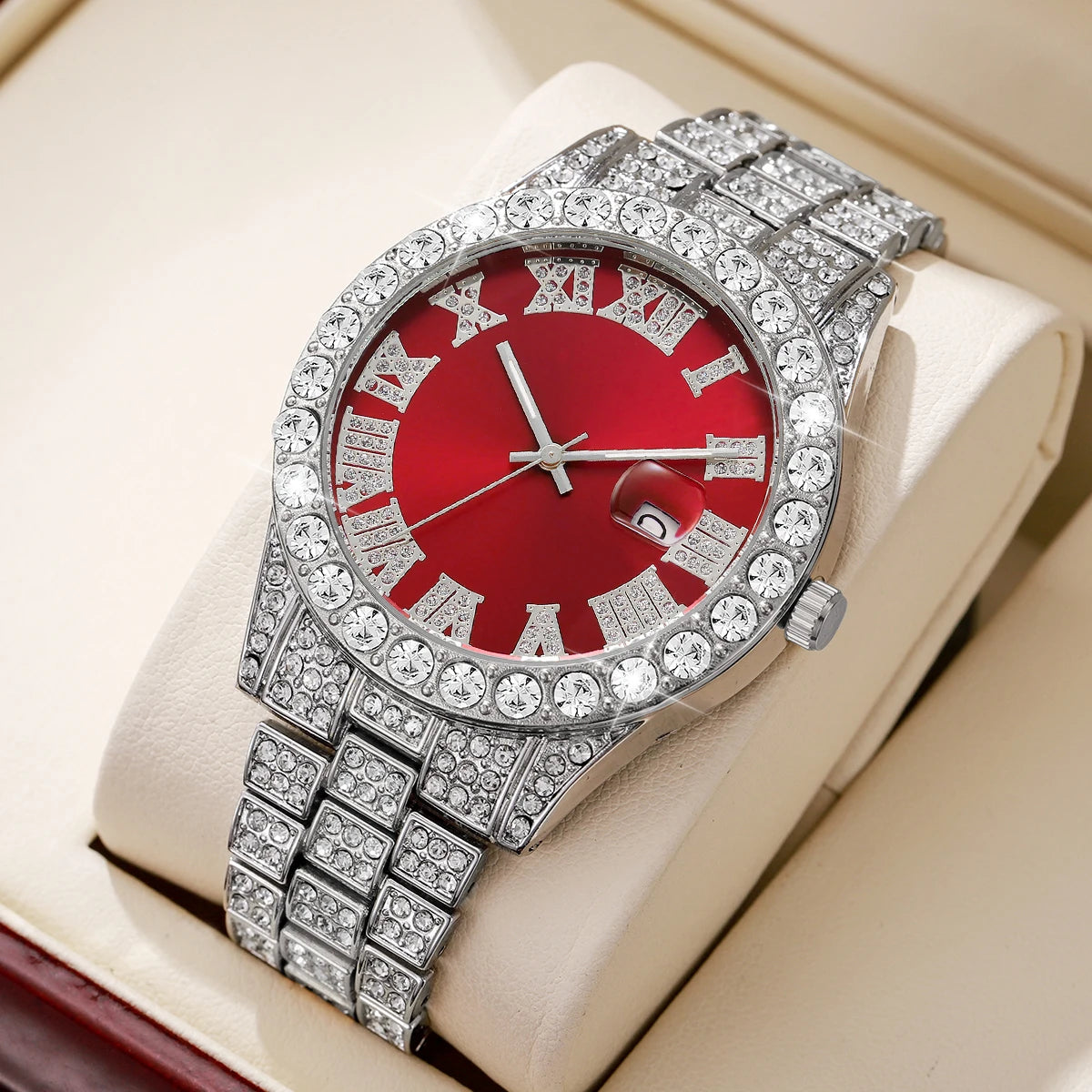 Montre à Quartz de Luxe Entièrement Diamantée pour Homme, Montre-Bracelet à Quartz Masculine Tendance avec Calendrier et Bracelet en Acier Inoxydable, Horloge de Date Reloj Hombre
