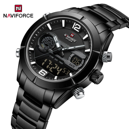 Montre de sport militaire de luxe NAVIFORCE pour hommes, lumineuse, étanche, bracelet en acier, affichage double numérique à quartz, montre-bracelet masculine.