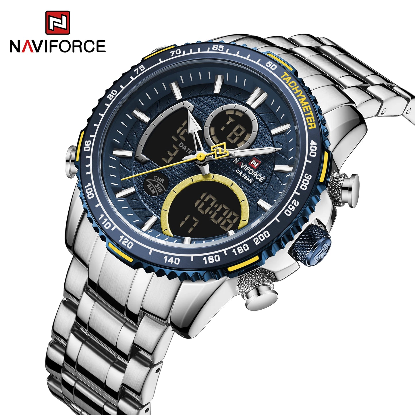 NAVIFORCE Montre Homme Tendance Marque de Luxe Sport Chronographe à Quartz Étanche Militaire en Acier Inoxydable