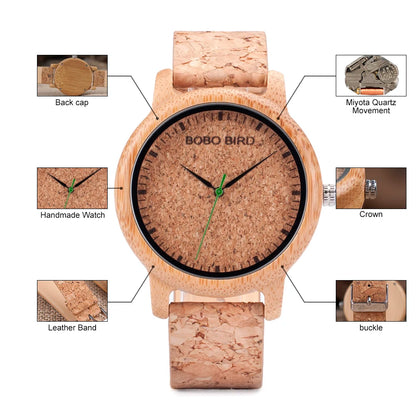 Montre en bois unisexe BOBO BIRD pour hommes et femmes, légère, fabriquée à la main, à quartz, personnalisée en bambou