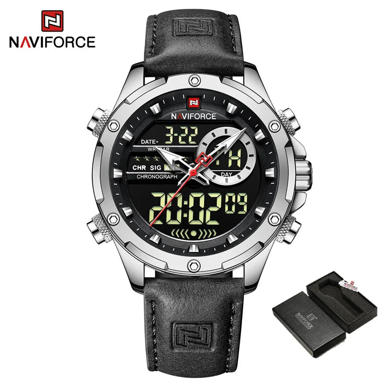 Montres originales Naviforce pour hommes 2022 Montre-bracelet pour hommes de luxe, sport et étanche avec bracelet en cuir et double affichage du calendrier