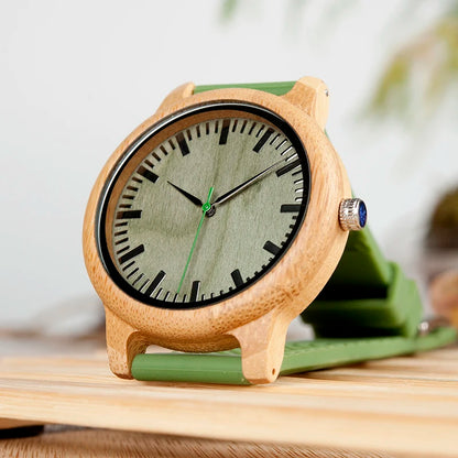 BOBO BIRD Montre en bois de bambou pour homme, montre à quartz avec bracelet en silicone vert, bracelet supplémentaire, cadeau pour homme avec boîte relogio masculino W-B06