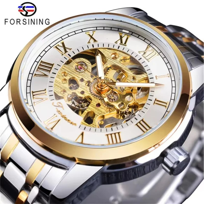 Forsining 349 Montre mécanique pour homme, boîtier rond, squelette, acier inoxydable, argenté et noir, montres-bracelets manuelles pour homme