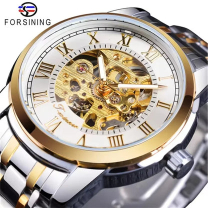 Forsining 349 Montre mécanique pour homme, boîtier rond, squelette, acier inoxydable, argenté et noir, montres-bracelets manuelles pour homme