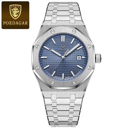 POEDAGAR Montre-bracelet de luxe pour homme étanche lumineuse Date Montre homme en acier inoxydable Montres à quartz tendance pour homme Reloj