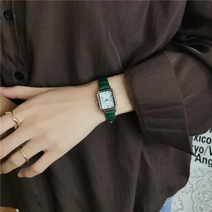 Women's rectangle watch with leather strap and vintage-inspired dial
