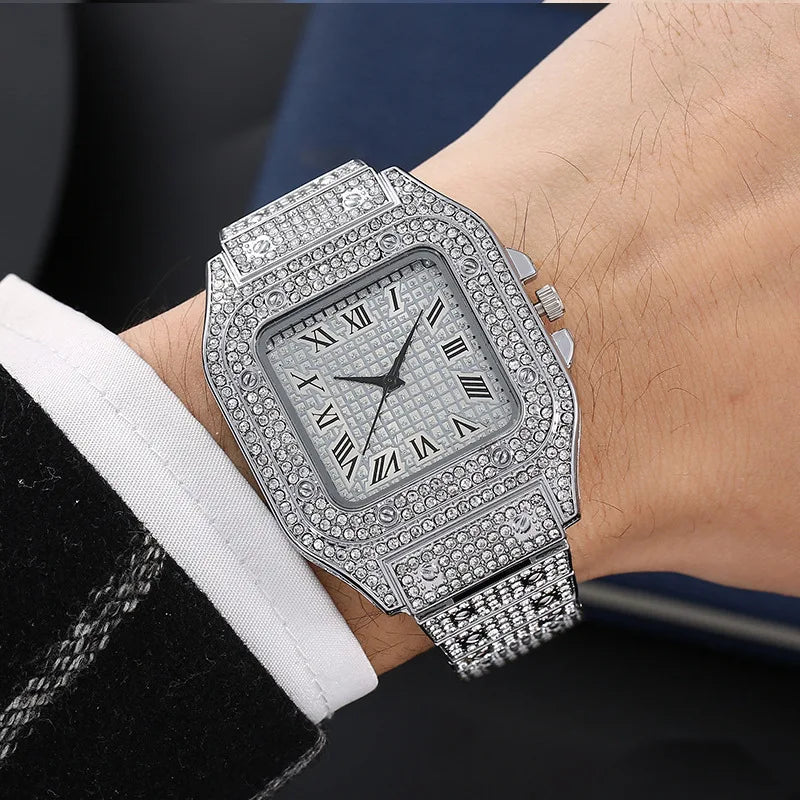 Montre de luxe pour hommes, bracelet élégant en alliage, montre à quartz, date, diamant, or, style Hip Hop Montre Homme