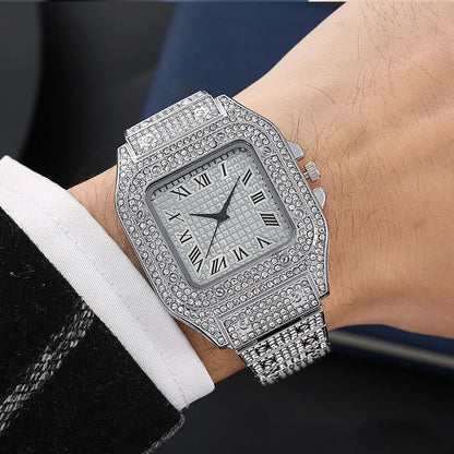 Montre de luxe pour hommes, bracelet élégant en alliage, montre à quartz, date, diamant, or, style Hip Hop Montre Homme