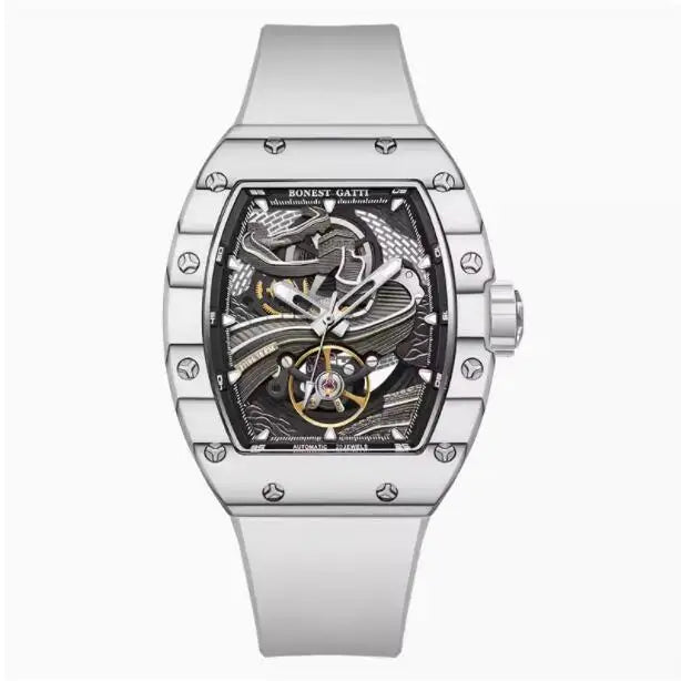 BONEST GATTI Montre Homme Automatique 51mm Tonneau Mécanique Bracelet Fibre de Carbone Verre Saphir Cadran Lumineux Grande Muraille