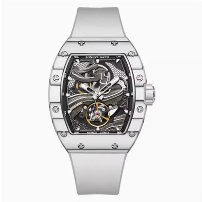 BONEST GATTI Montre Homme Automatique 51mm Tonneau Mécanique Bracelet Fibre de Carbone Verre Saphir Cadran Lumineux Grande Muraille