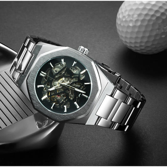 Forsining Classic Skeleton Mechanical Watch for Men Luminous Hands Stainless Steel Strap Business Irregular Automatic Watches