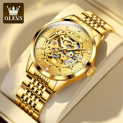 Montres OLEVS 9920 pour hommes, en acier inoxydable massif, étanches, lumineuses, de luxe, à mouvement automatique mécanique original et creux.