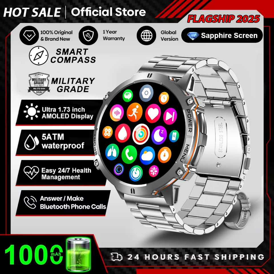 Montre Connectée Militaire 2026 TANK X3 Homme Écran AMOLED 1.73" Étanche 5ATM Batterie 1000mAh GPS Suivi Sportif Fitness