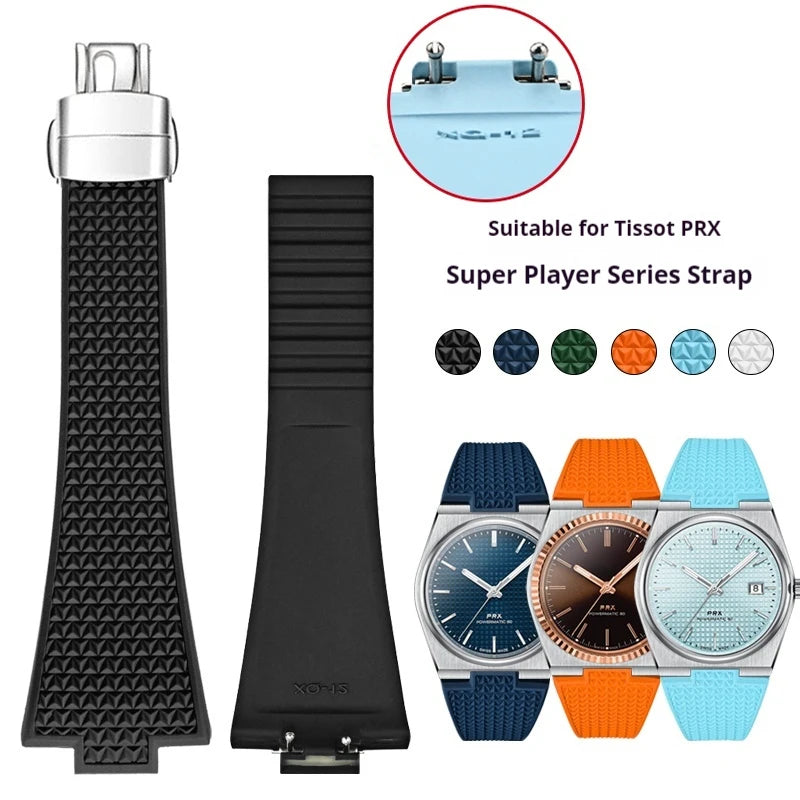Bracelet convexe FKM 11mm 12mm pour Tissot PRX Series Super Player 35mm 40mm Fluoro Caoutchouc Fermoir Papillon à Dégagement Rapide
