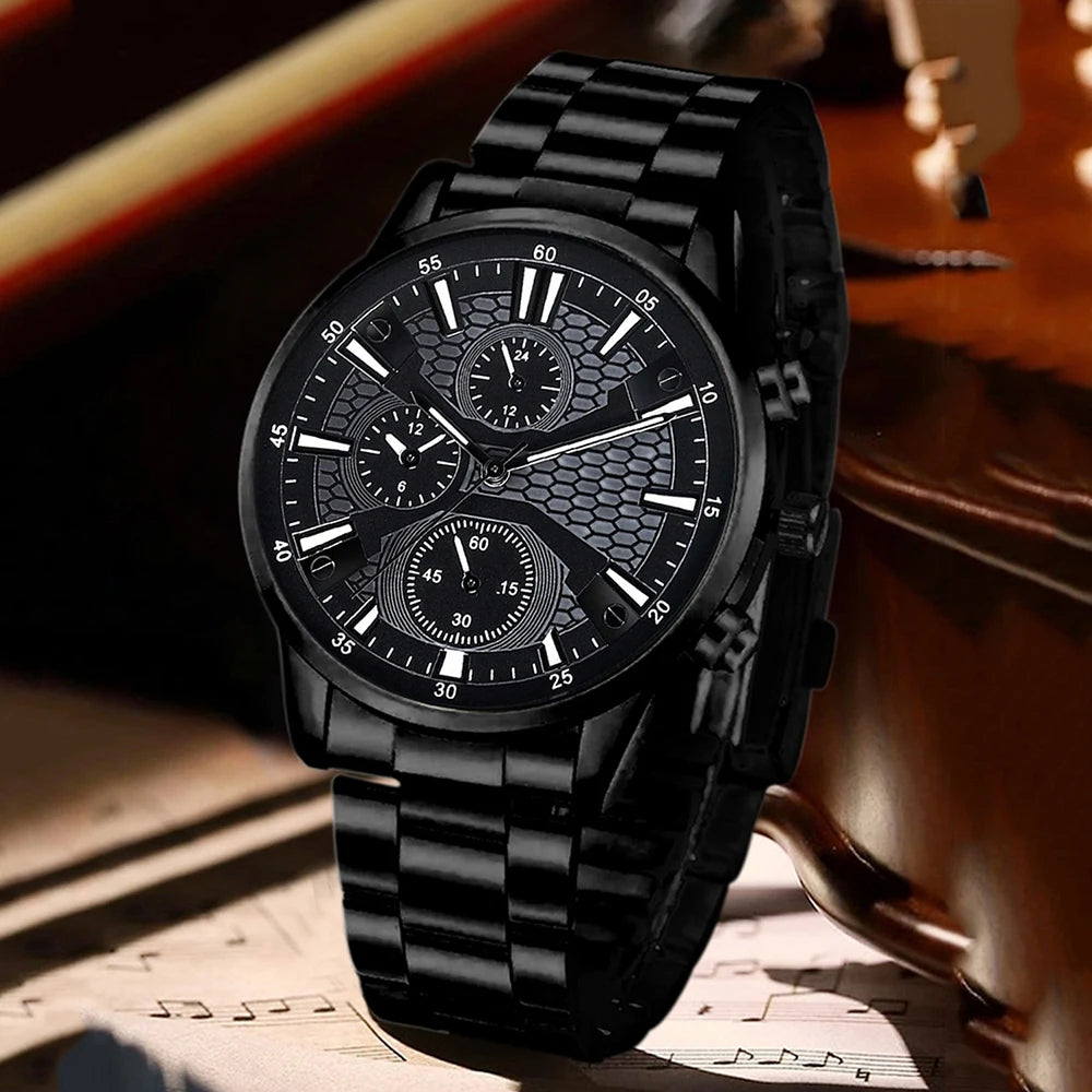 2/4PCS Black Men's Watch Set Business Trend Fashion Quartz Watch Jewelry Set Suitable for Daily Clothing Matching Perfect