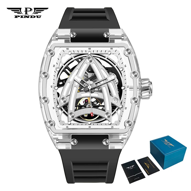 PINDU Designer Montre mécanique Tonneau creuse Homme Marque de luxe Squelette Automatique Montres Homme Sport Silicone Montre-bracelet JH3105