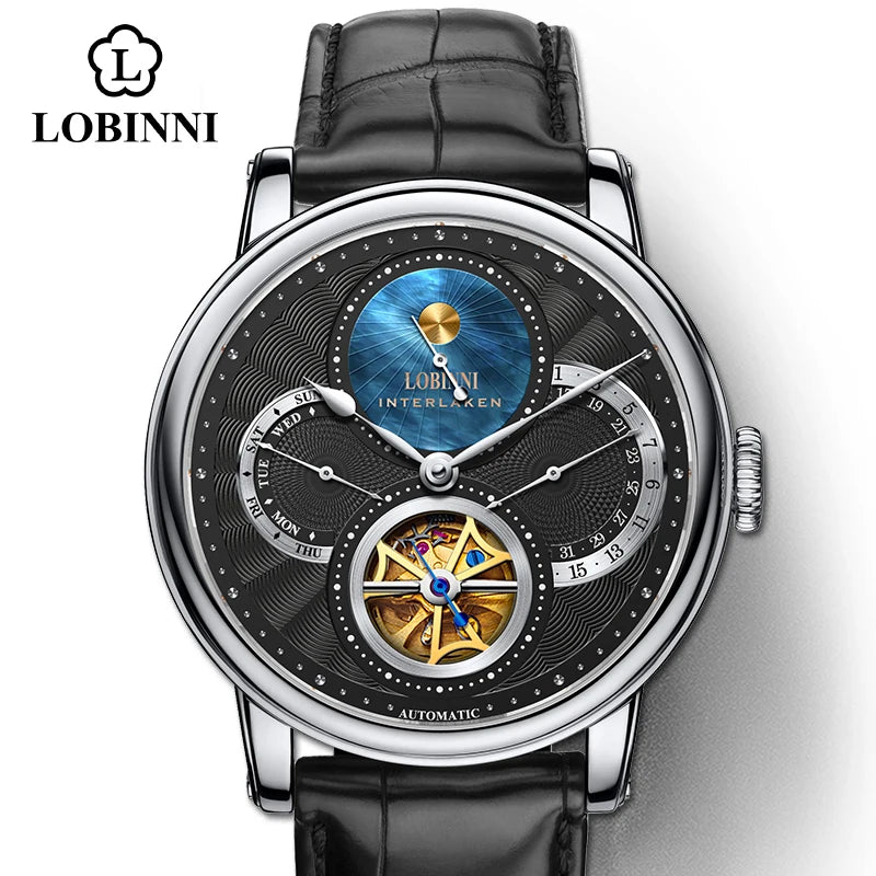 Montre LOBINNI Homme Automatique Or Montres Mécaniques Bracelets de Montre Mode bracelet sportif chronographe Squelette Saphir Marques de Montres