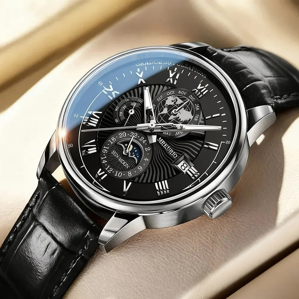 Men's leather strap watch with date display and luminous dial
