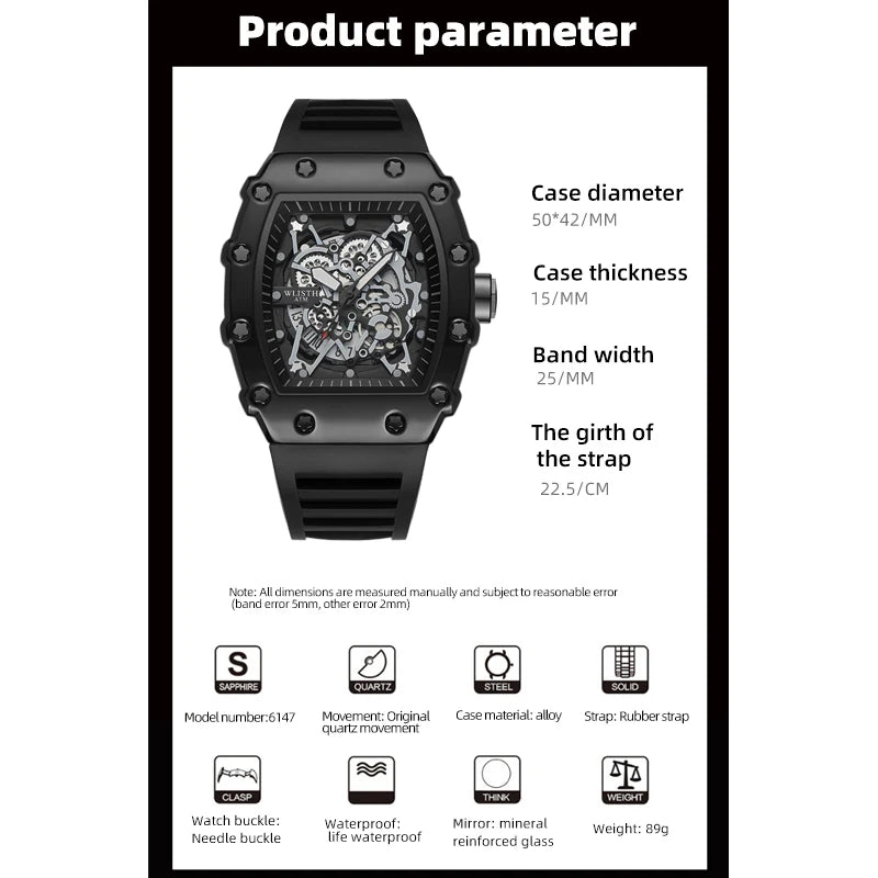 Montre de sport étanche à quartz lumineuse à grand cadran carré pour hommes