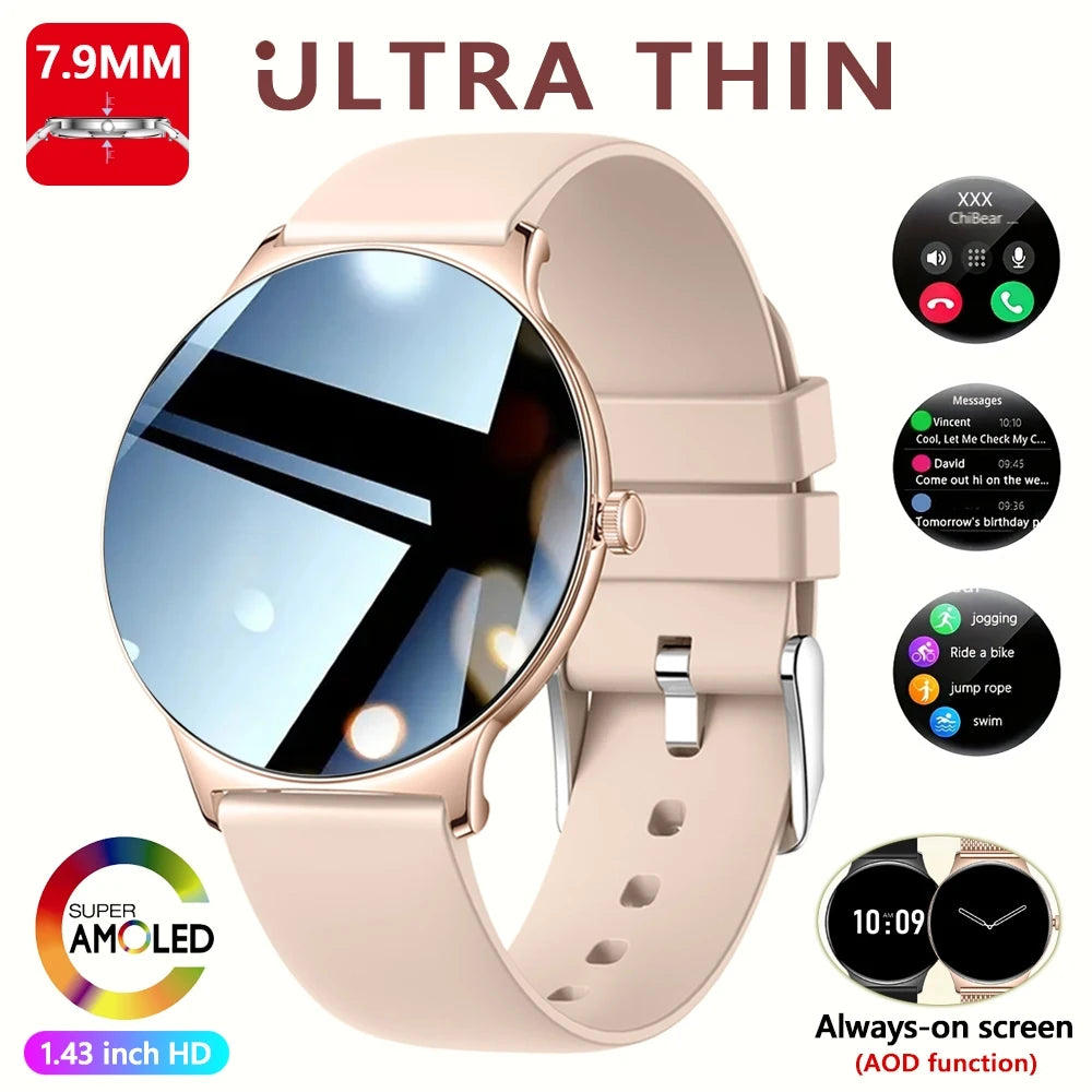 2026 Nouvelle Montre Connectée Ultra Mince 7.9MM Femmes Écran Toujours Affiché Temps Bracelet Sport Appel Bluetooth Montres Intelligentes Mode ios