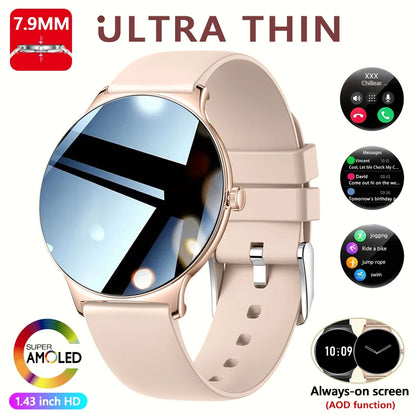 2026 Nouvelle Montre Connectée Ultra Mince 7.9MM Femmes Écran Toujours Affiché Temps Bracelet Sport Appel Bluetooth Montres Intelligentes Mode ios
