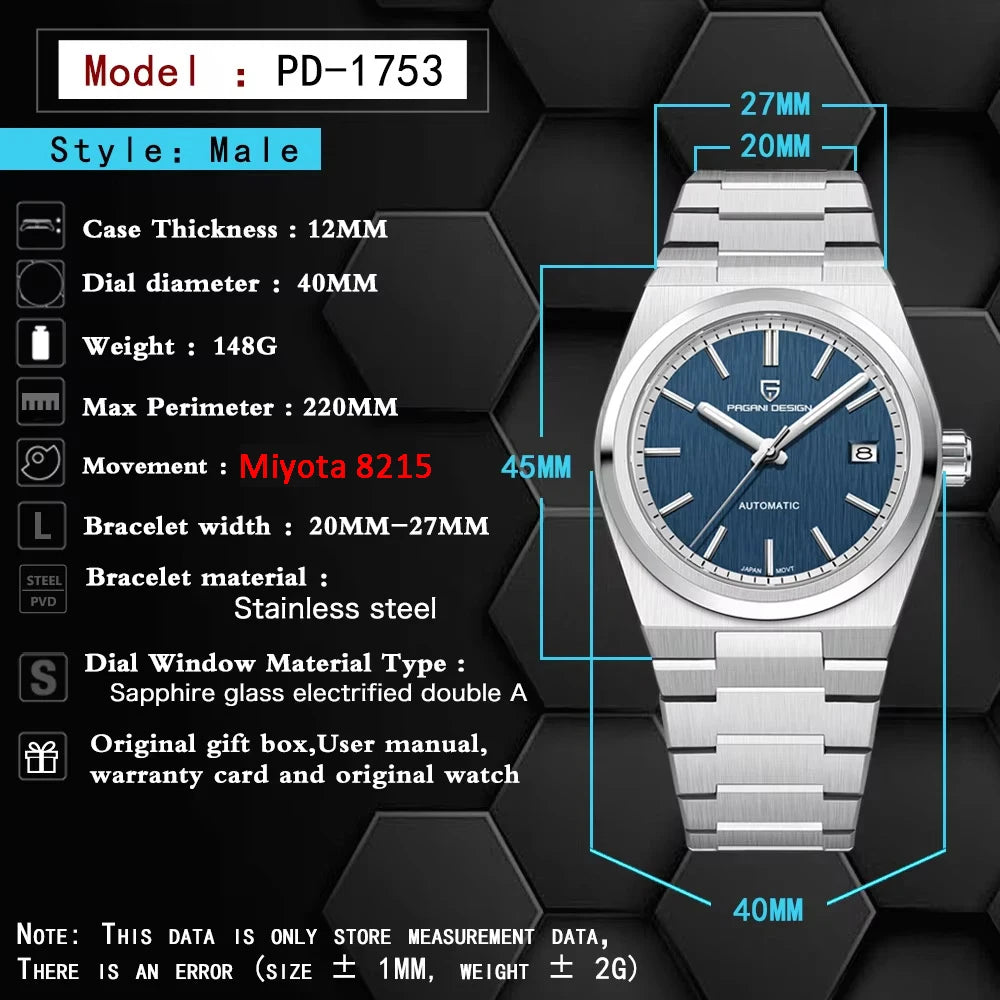 Montre automatique mécanique Pagani Design pour homme, mouvement Miyota8215, de luxe, en acier inoxydable avec saphir et traitement antireflet, étanche