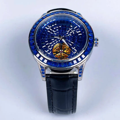 PINDU Nouvelle montre mécanique pour homme, avec pointeur lumineux diamanté, montre-bracelet saphir de qualité supérieure pour hommes, Montre Homme avec boîte cadeau P5037