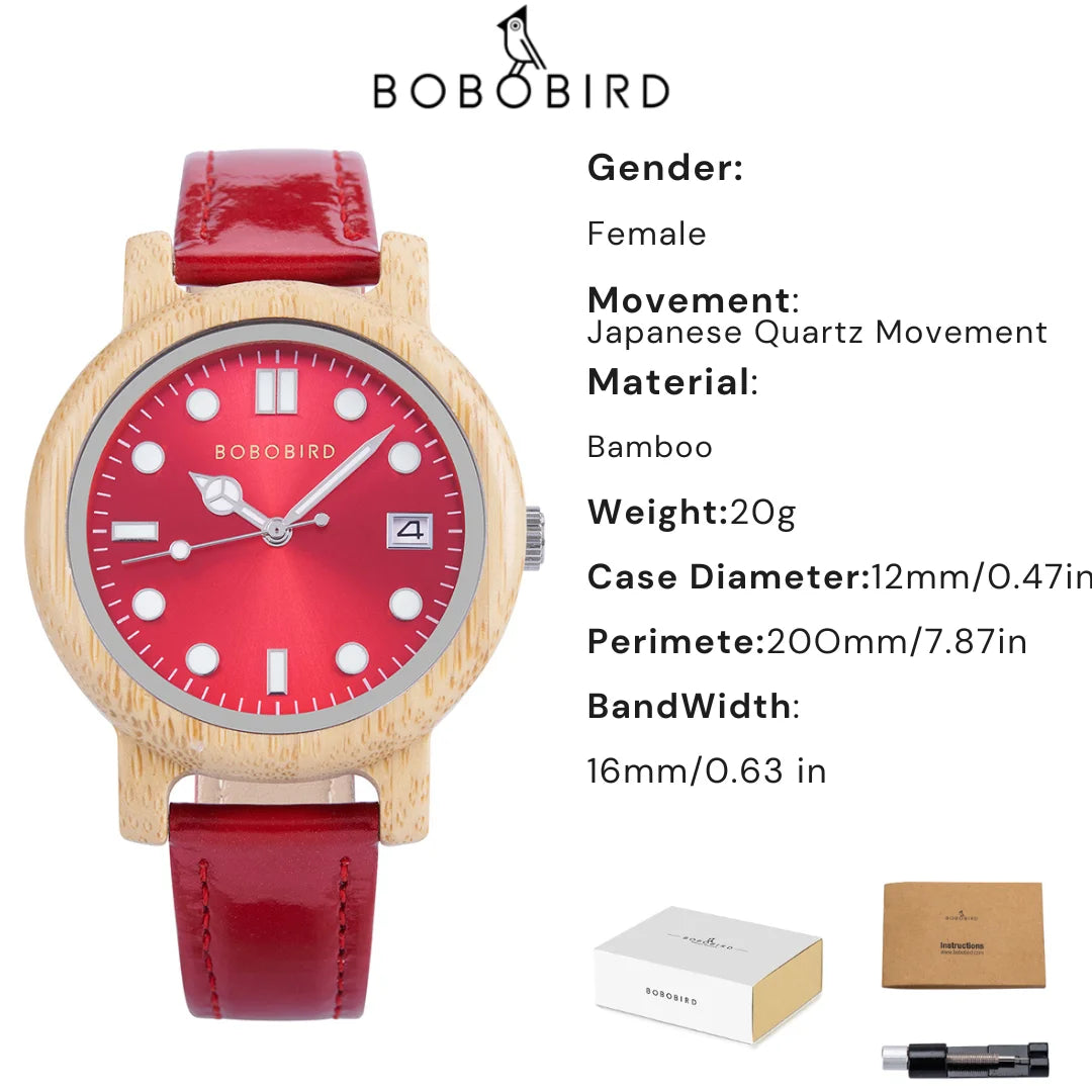 Montre-bracelet en bambou BOBO BIRD pour femme avec bracelet en cuir véritable, naturelle, légère, élégante, cadeau mode pour elle