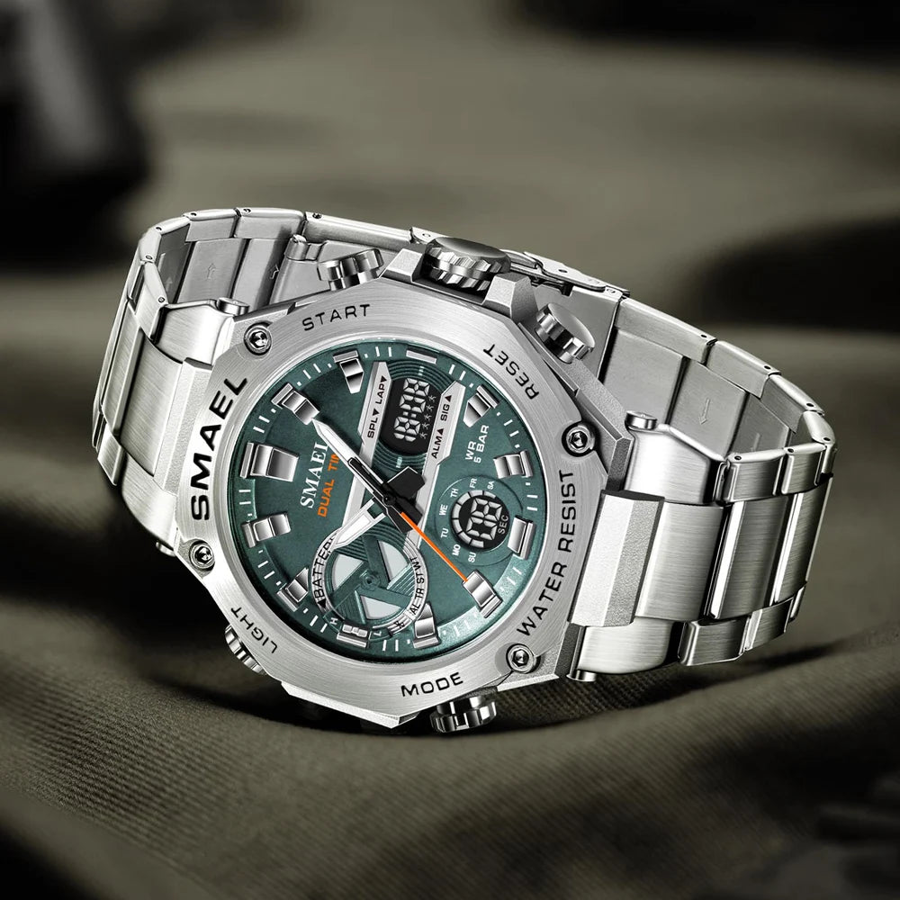 Montre SMAEL Hommes Grande Marque Luxe Argent Acier Inoxydable Sport Homme Horloge Numérique Analogique Quartz Militaire Étanche Montres-bracelets