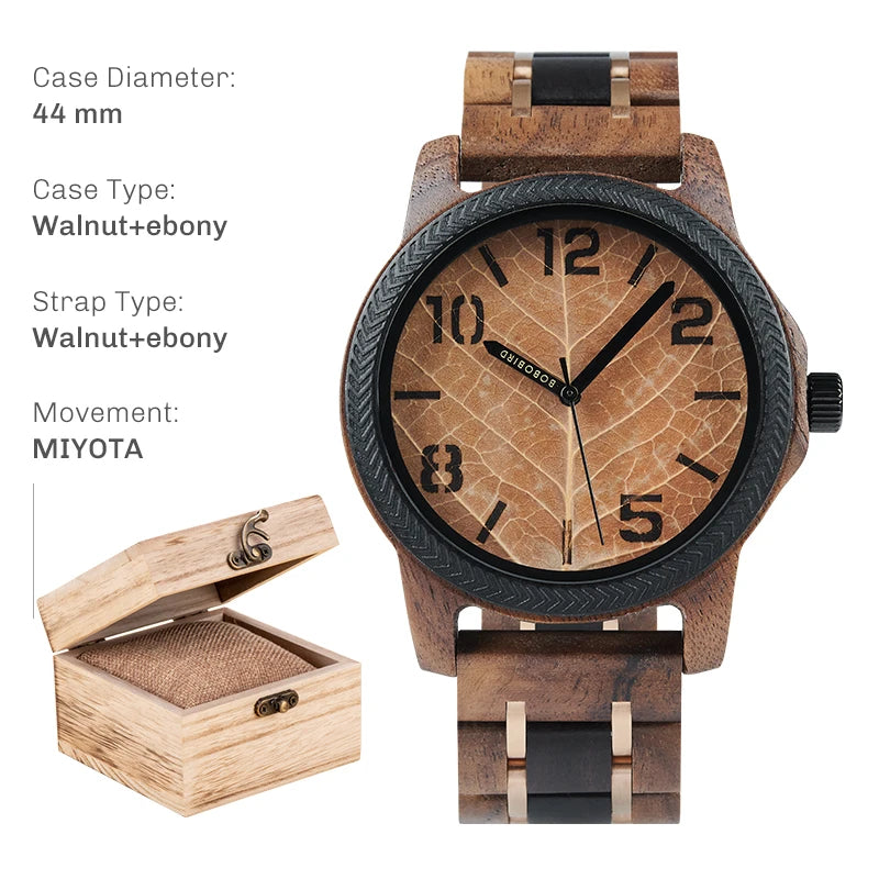 Montre en bois pour homme BOBO BIRD avec feuille véritable, montre en bois originale, montre en bois, montre fabriquée à la main, cadeau d'anniversaire pour homme