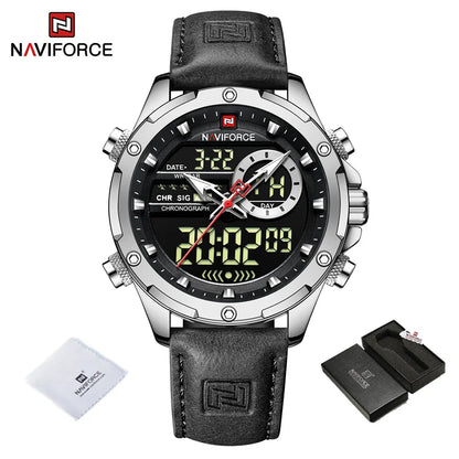 NAVIFORCE Montre-bracelet de luxe originale pour hommes, double fuseau horaire, sport, décontractée, chronographe, alarme, quartz, bracelet en cuir, étanche
