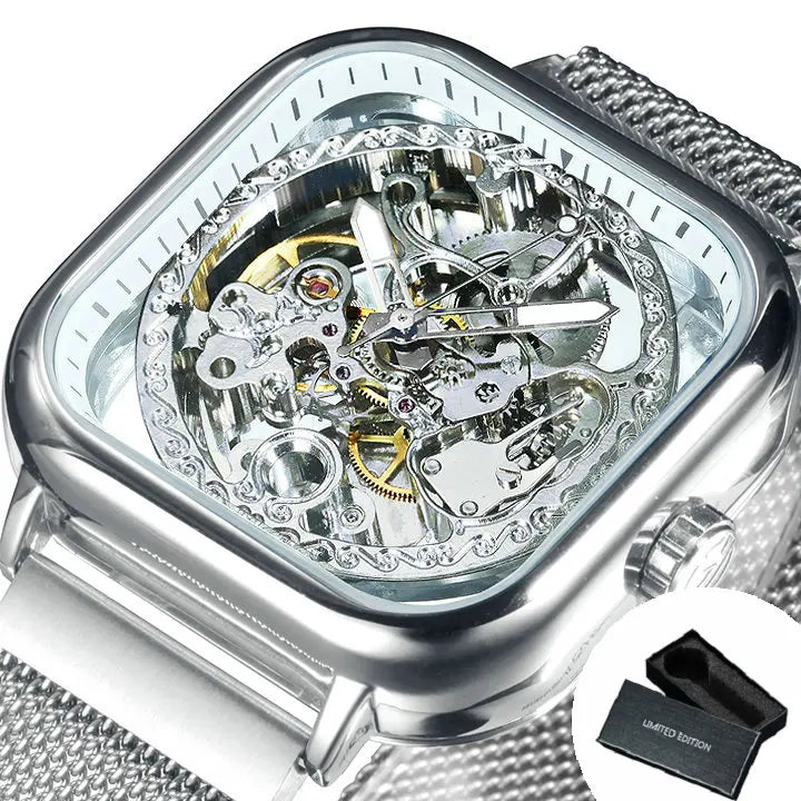 Forsining Square Skeleton Automatic Watch for Men Luminous Hands Engraved Movement Luxury Mechanical Watches Mesh Steel  Strap