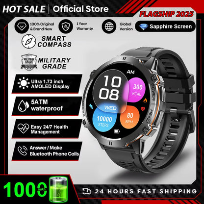 Montre Connectée Militaire 2026 TANK X3 Homme Écran AMOLED 1.73" Étanche 5ATM Batterie 1000mAh GPS Suivi Sportif Fitness