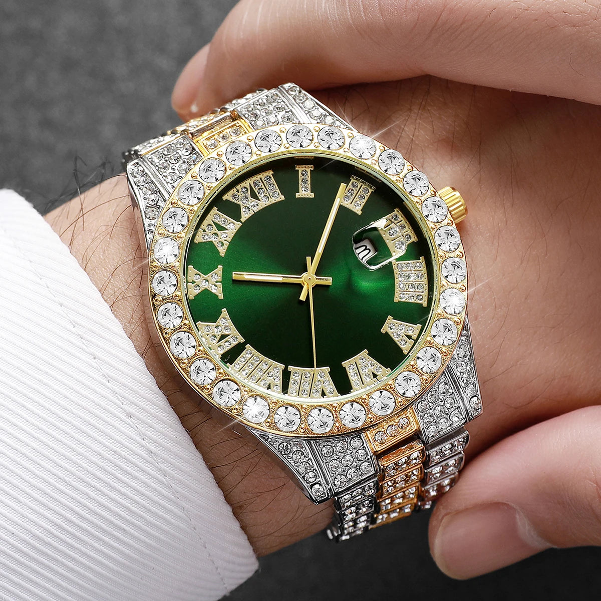 Montre à Quartz de Luxe Entièrement Diamantée pour Homme, Montre-Bracelet à Quartz Masculine Tendance avec Calendrier et Bracelet en Acier Inoxydable, Horloge de Date Reloj Hombre