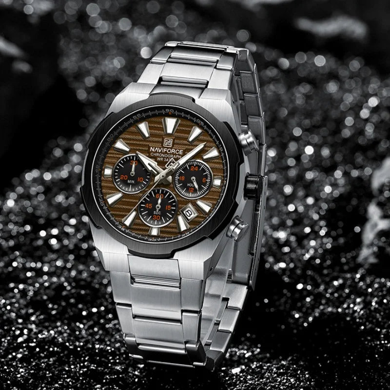 Montre-bracelet à quartz NAVIFORCE pour homme, multifonctionnelle, avec calendrier, chronomètre, lumineuse, étanche 30 ATM, bracelet en acier inoxydable
